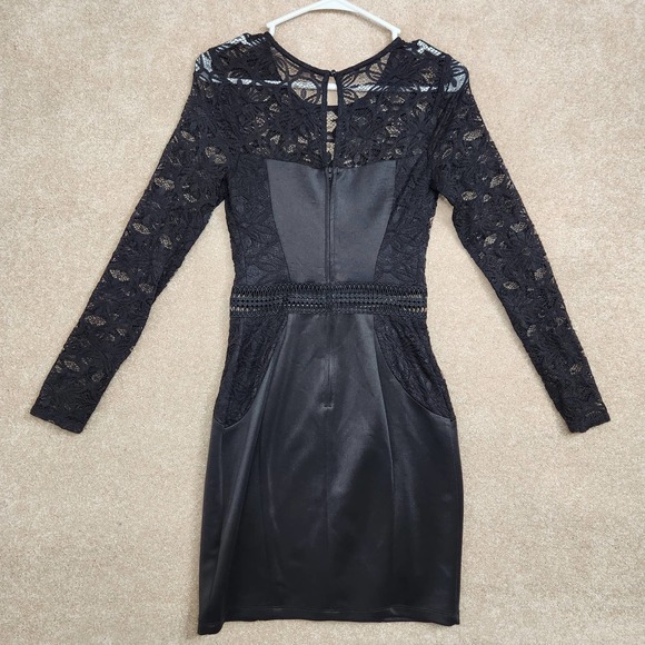 BCX Dress Black Lace Long Sleeve Crochet Inset Waist Scoop Neck Mini Dress Sz 3 - Picture 2 of 8